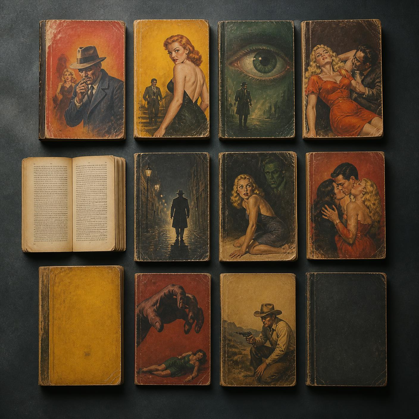 Overhead view of a catalogued collection of vintage pulp magazines